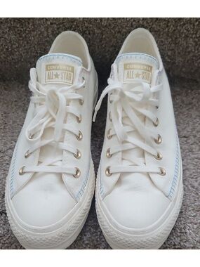 Converse All Star White Canvas Sneakers with Light Blue Stitching